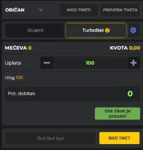 Listić na AdmiralBetu sa karticama Stvarni i TurboBet, poljem za uplatu i dugmetom Brzi tiket